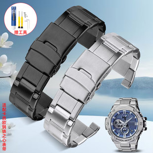 适配卡西欧钢铁之心B100实心不锈钢手表带GSTW300/S310/410男钢带