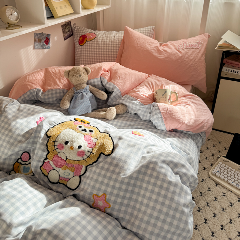 学生宿舍上下铺三件套水洗棉毛巾绣卡通被套床单床笠床上用品单人