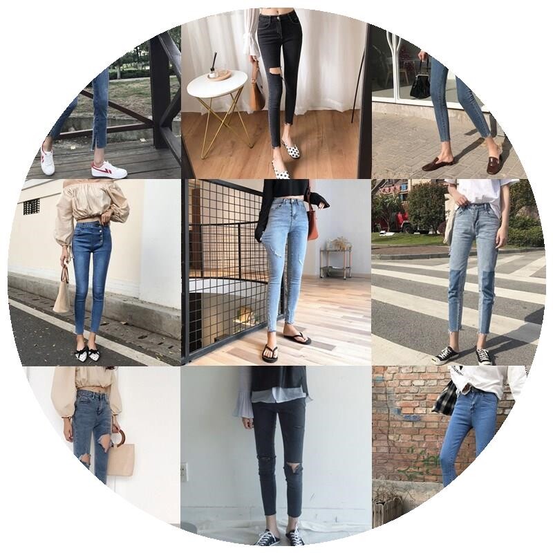 ??秋2018新款韩版修身破洞牛仔裤女长裤高腰学生九分裤小脚铅。s