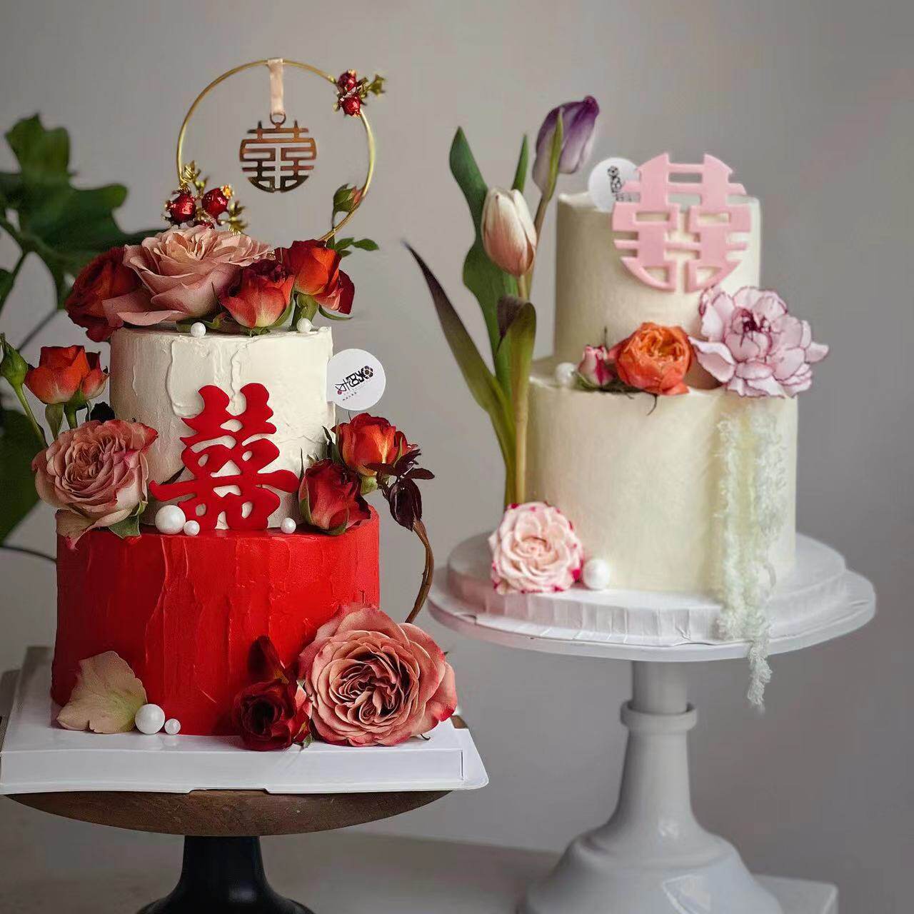 小清新结婚订婚蛋糕装饰圆环喜字插件仿真郁金香鲜花摆件派对摆件