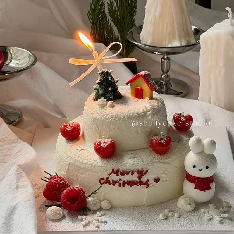 2026新年跨年圣诞节创意红围巾米菲兔头雪人蛋糕装饰樱桃蜡烛装扮