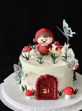 童话小镇红帽采蘑菇的小女孩蛋糕装饰儿童生日可爱小兔子装扮摆件