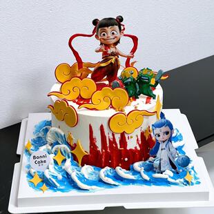 哪吒敖丙魔童降世网红儿童生日蛋糕装饰摆件三昧真火烘焙装扮插牌