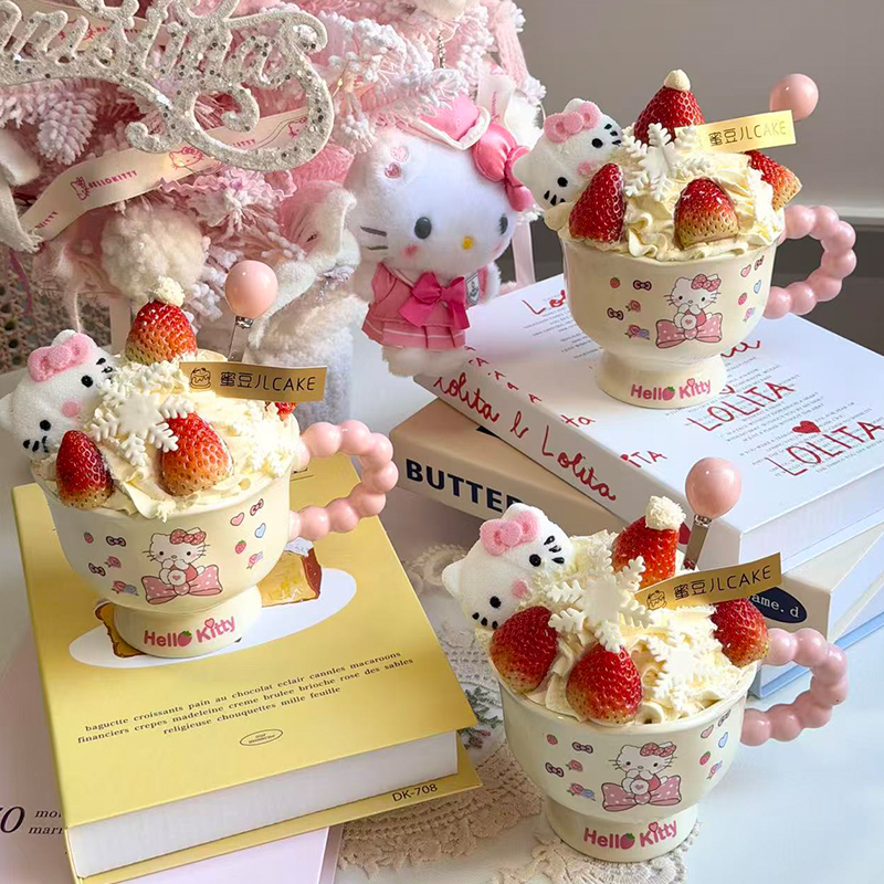 网红圣诞节Hello kitty陶瓷杯蛋糕装饰氛围雪花芭菲甜品烘焙装扮