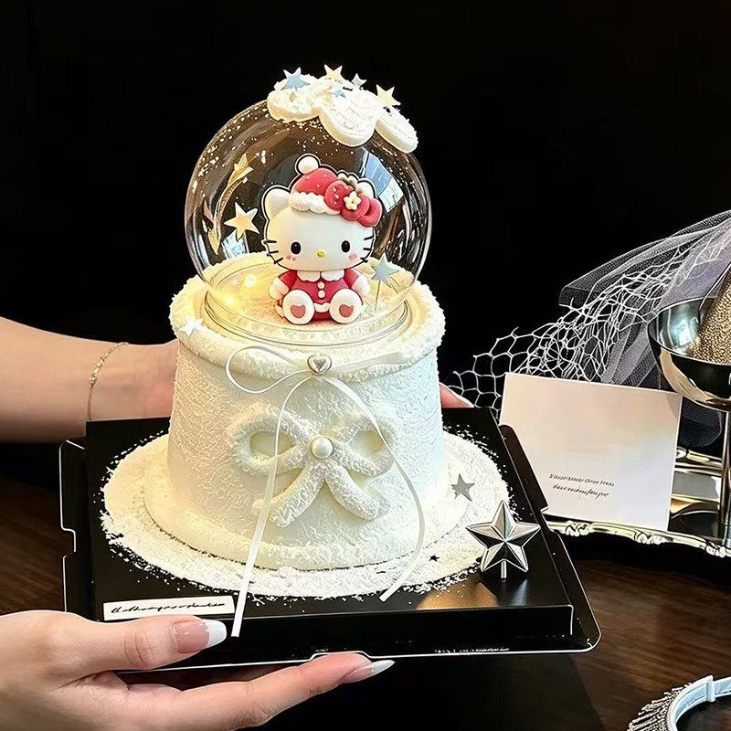 网红创意水晶球圣诞帽KT猫亚克力蛋糕装饰银色星星粉霜装扮点缀