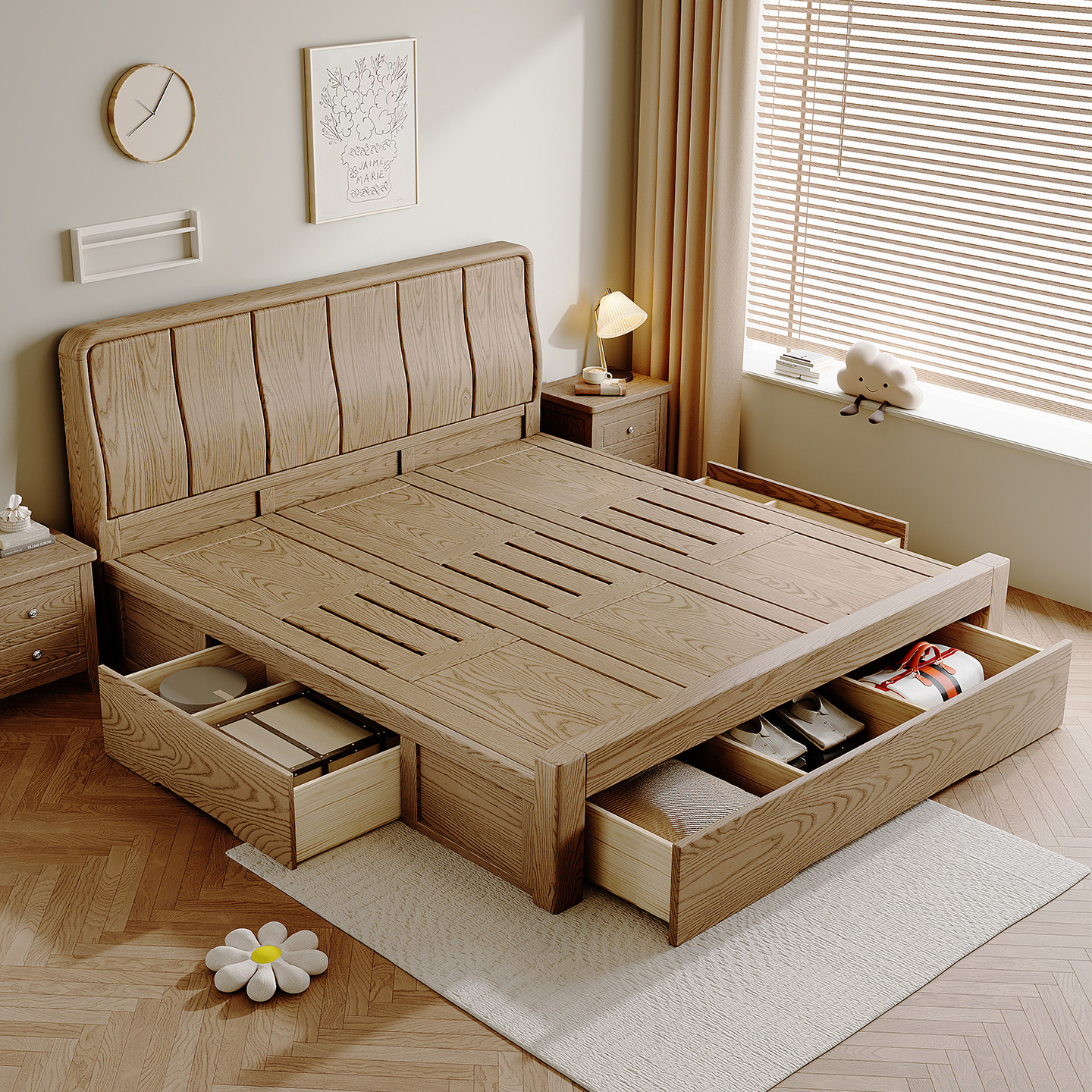 全实木床一米八双人床白蜡木实木储物箱体床现代简约家用纯实木床