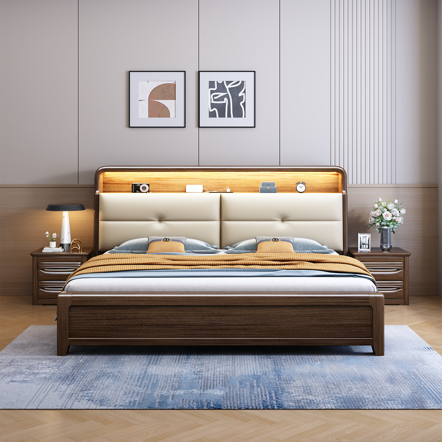 现代简约风胡桃木实木软包床