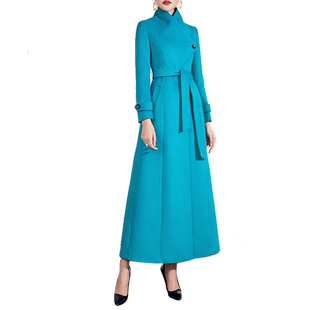 湖蓝色大衣女中长款羊毛呢外套超长收腰修身2025新款秋冬时尚气质