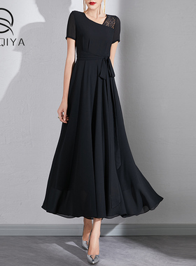 清仓福利黑色连衣裙2025夏季新款雪纺长款大摆短袖V领端长裙子