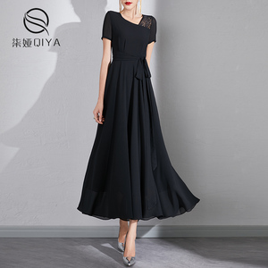 清仓福利黑色连衣裙2025夏季新款雪纺长款大摆短袖V领端长裙子