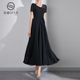 清仓福利黑色连衣裙2025夏季 V领端长裙子 大摆短袖 新款 雪纺长款