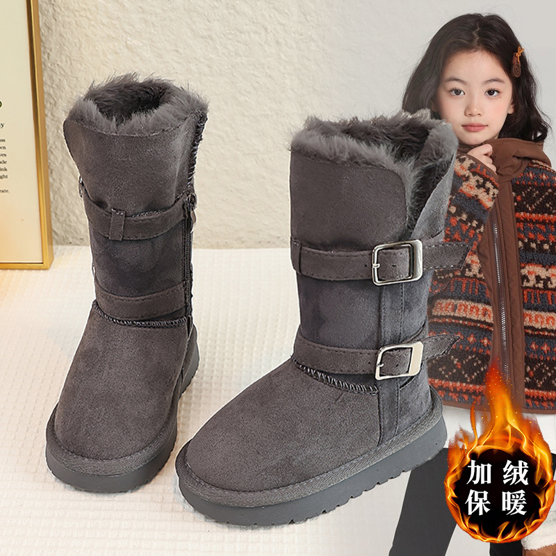 女童爆款雪地靴2025年新款加绒儿童长筒靴女孩高筒保暖靴子可翻边