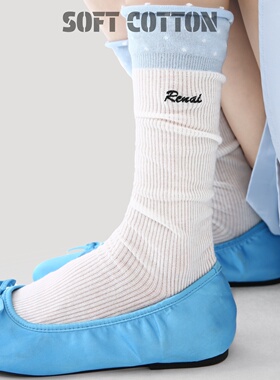 miu系袜子女士中筒春夏季薄款刺绣字母白色芭蕾风拼色波点堆堆袜