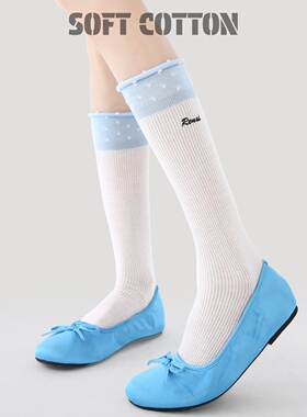 miu系芭蕾风中筒袜女春夏季薄款竖纹白蓝撞色洛丽塔风穿搭堆堆袜