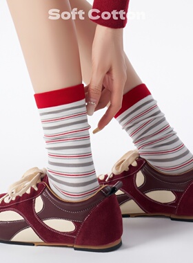 红色条纹堆堆袜女中筒韩版ins潮个性百搭撞色长筒袜多巴胺学院风