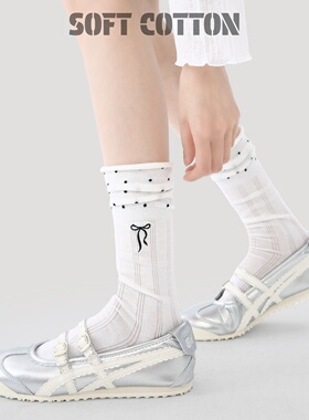 少女感白色中筒袜日系洛丽塔刺绣蝴蝶结芭蕾风波点堆堆袜配小皮鞋