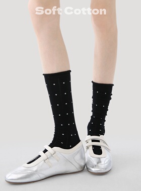 韩版黑色波点中筒袜女春夏百搭显瘦卷边堆堆长袜配玛丽珍鞋的袜子