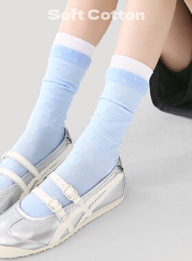 日系小清新中筒袜女浅蓝色拼接波点堆堆袜春夏季薄款纯棉无骨袜子