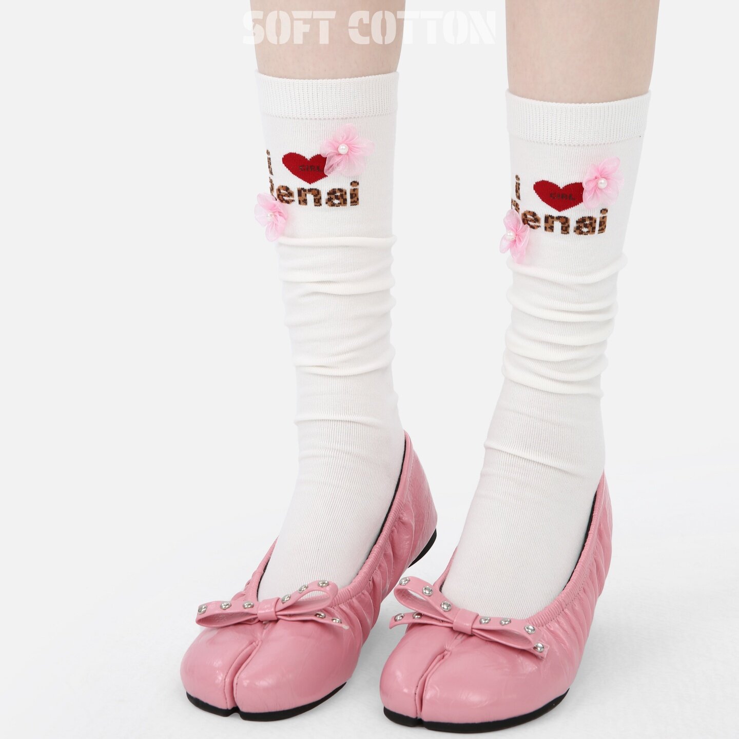 甜妹少女风立体粉花朵分趾袜女秋中筒袜