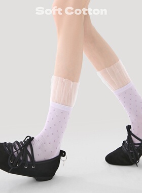 日系甜妹浅紫色中筒袜女春夏季蕾丝花边拼接波点堆堆袜搭配小皮鞋