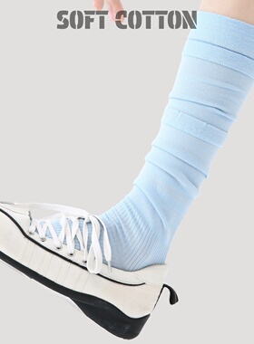 微压显瘦小腿袜女士春夏季蓝色及膝高筒叠穿梯形拼接长筒堆堆袜
