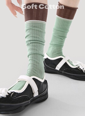 堆堆袜女搭配乐福鞋2026网红爆款叠穿抹茶绿色及膝长筒小腿袜春夏