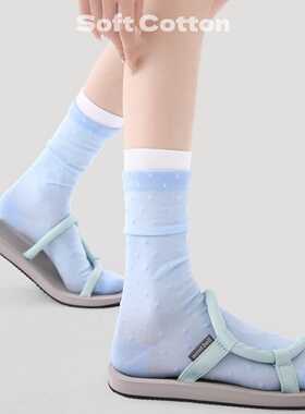 袜子女中筒春夏薄款白蓝撞色ins潮学院风波点堆堆袜配短裙的袜子