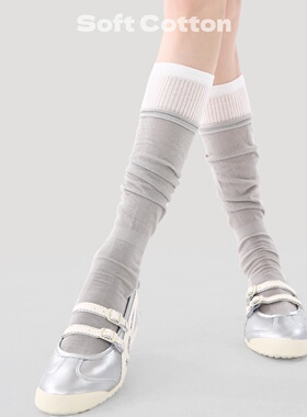 日系JK学院风小腿袜女春夏季薄款灰色拼接假两件长筒袜子堆堆袜