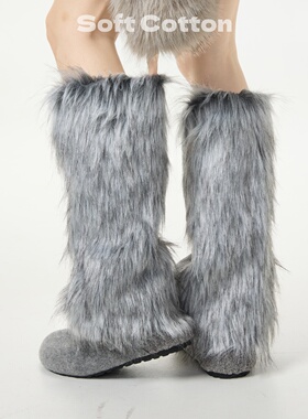 千禧辣妹y2k仿皮草狐狸毛格雷灰色毛毛腿套秋冬加厚保暖毛绒袜套