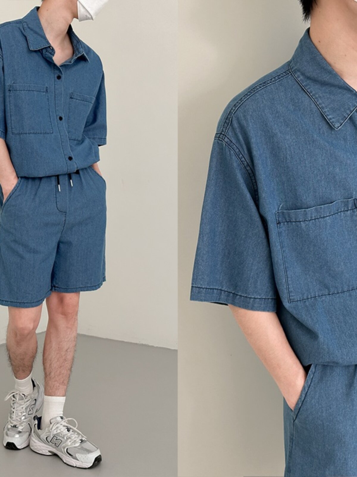 가볍고 세련된 남성용 여름 얇은 데님 슈트 핸섬 워싱 투피스 반팔 셔츠 5부 팬츠 캐주얼하고 다재다능함