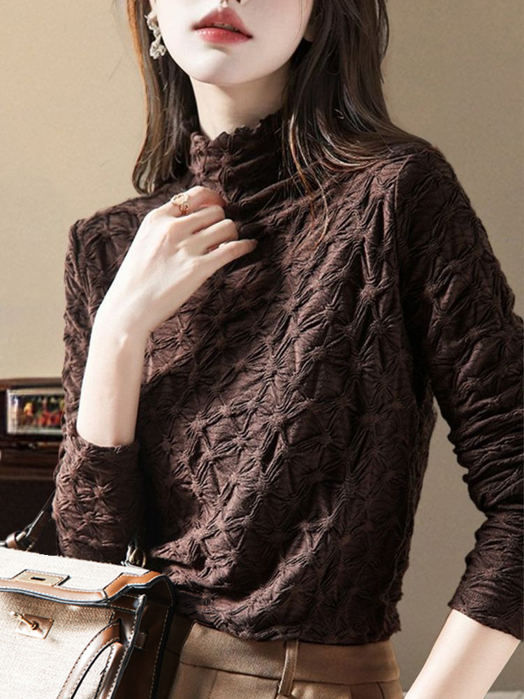 半高领蕾丝打底衫2023新款女秋冬高级老钱风法式小衫气质内搭上衣