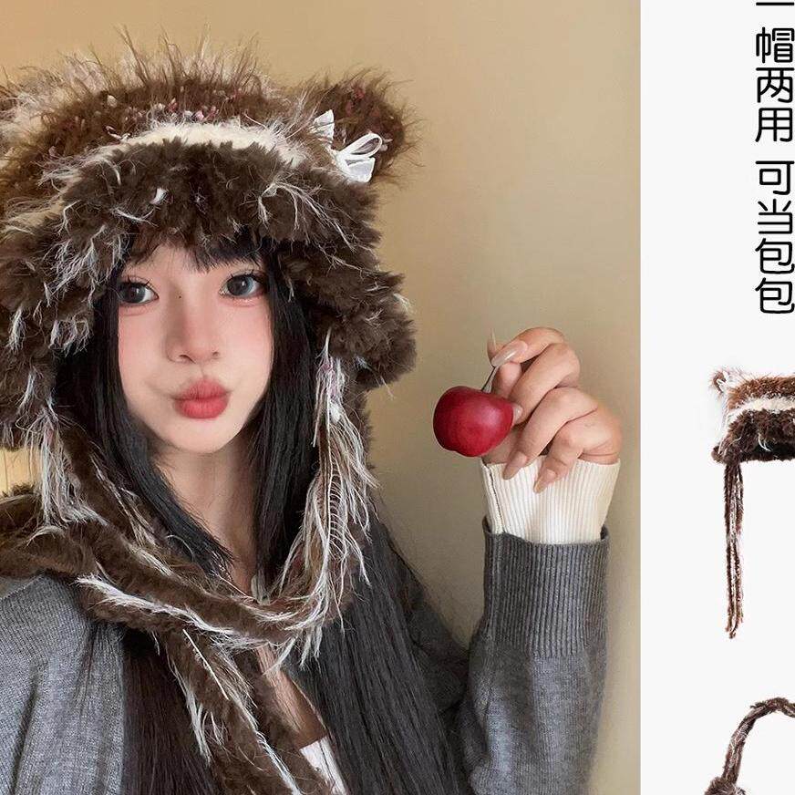 2024秋冬雷锋帽条纹拼接针织毛线帽子女蝴蝶结加厚花瓣帽檐护耳帽