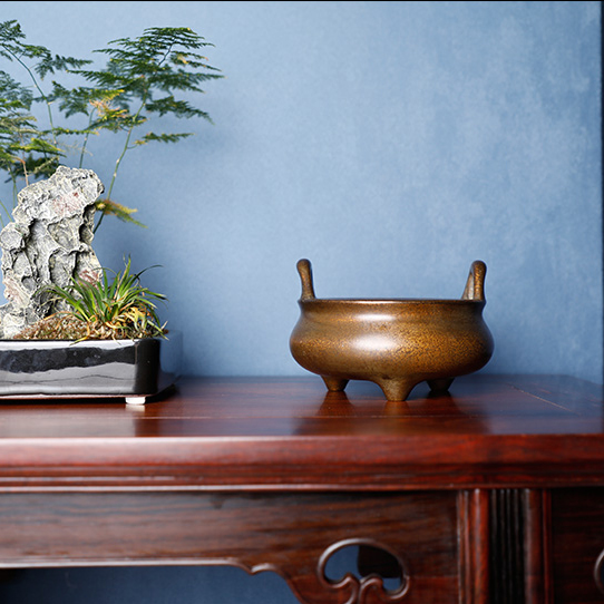 纯铜桥耳三足炉黄铜摆件