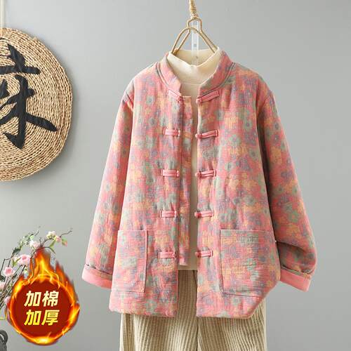 Large size women's buttoned cotton jacket, standing