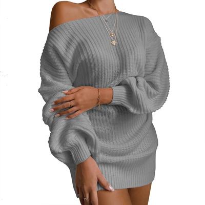 Sweater off shoulder lantern sleeve knitted woolen dress