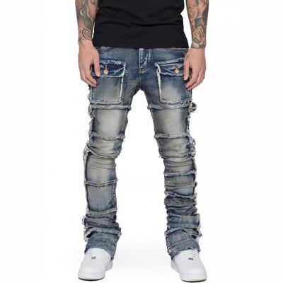 Men's denim workwear straight leg pants, elastic patch