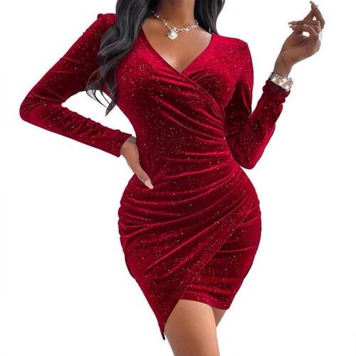 Velvet shiny long sleeved V-neck bag hip slit short skirt