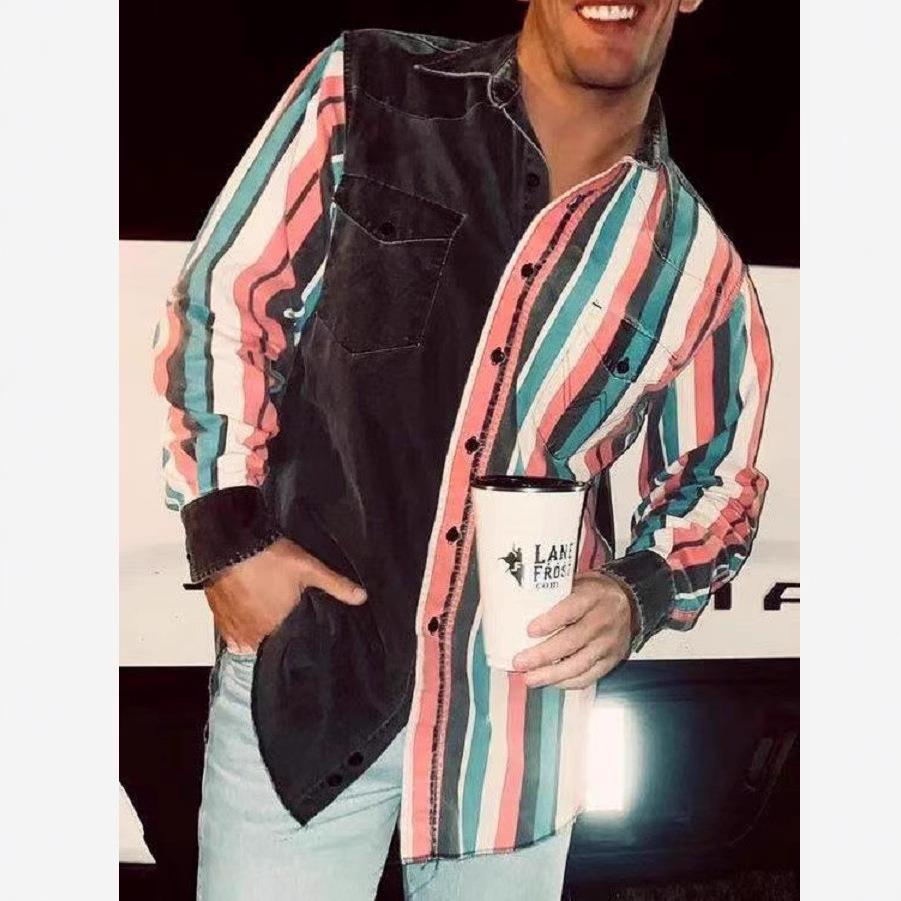 Western style color striped shirt men's long sleeved shirt