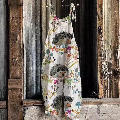 Women's cotton and linen overalls, printed overalls,