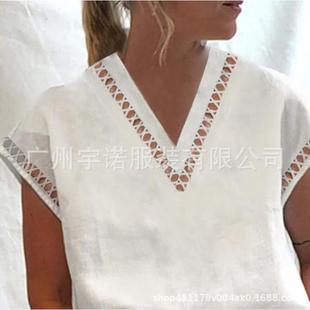 Women's lace hollow cotton linen collar shirt for