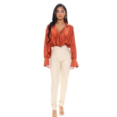 Women's long sleeved deep neck satin top