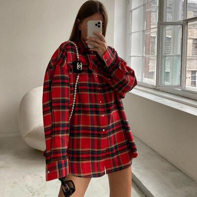 Checkered shirt women's red checkered outer shirt