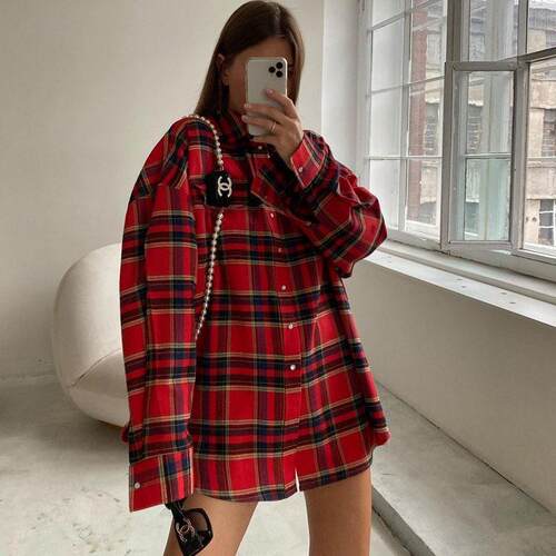 Checkered shirt women's red checkered outer shirt