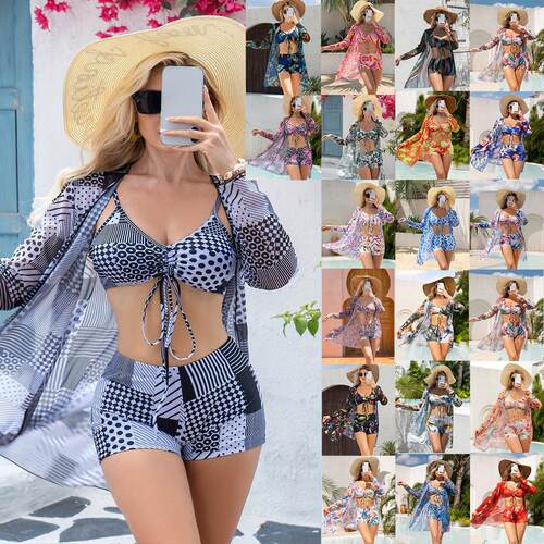 Flat leg pants bikini three piece swimsuit split top beach