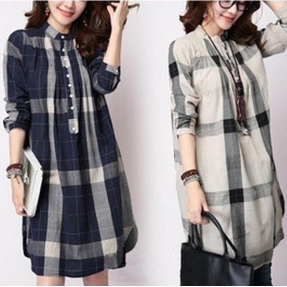 Medium length checkered cotton linen shirt skirt long图片