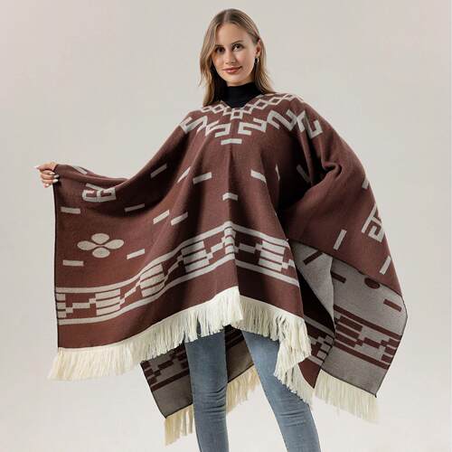 Tassel pullover cloak for women, knitted shawl for warmth,