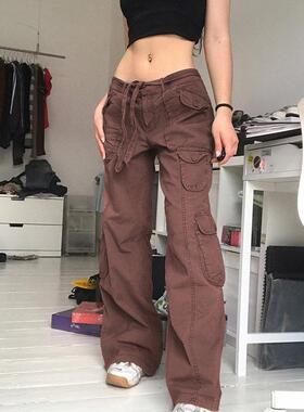 Women's drawstring waistband, high waist pocket, gray wide