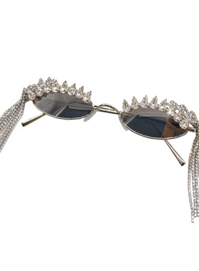 夸张帅气钻石水钻长流苏小椭圆太阳镜小众复古闪钻眼镜防晒墨镜潮