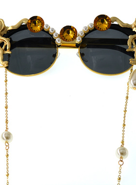 2020 欧美夸张女潮板材雕花猴子珍珠水晶太阳镜 欧洲站前卫酷墨镜