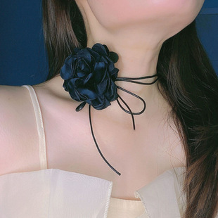 复古红色玫瑰花朵项链小香风chocker锁骨链小众设计系脖绑带颈花
